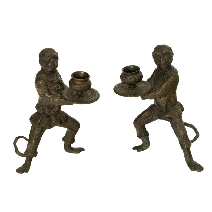 Pair Antique French Bronze Figural Monkey Statue Candleholders Candlesticks 1900