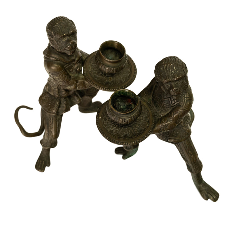 Pair Antique French Bronze Figural Monkey Statue Candleholders Candlesticks 1900