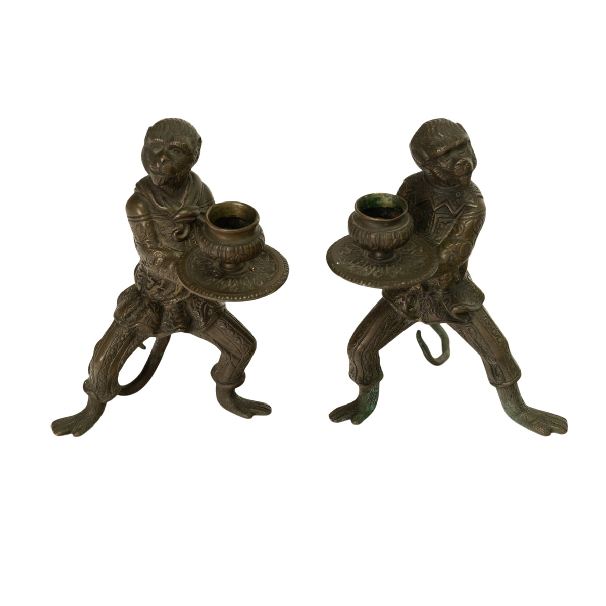 Pair Antique French Bronze Figural Monkey Statue Candleholders