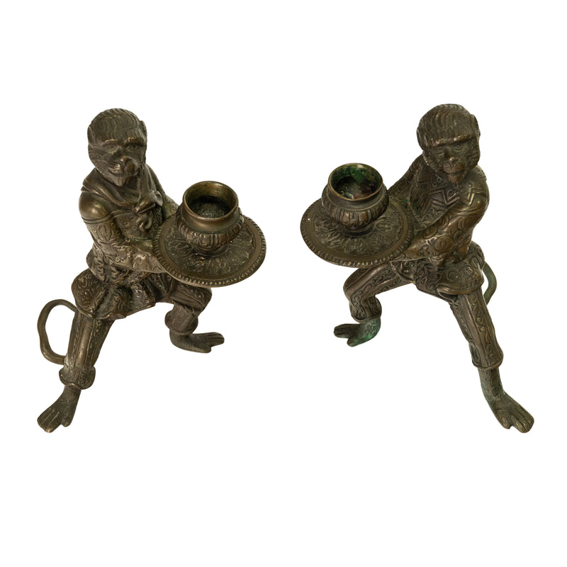 Pair Antique French Bronze Figural Monkey Statue Candleholders Candlesticks 1900