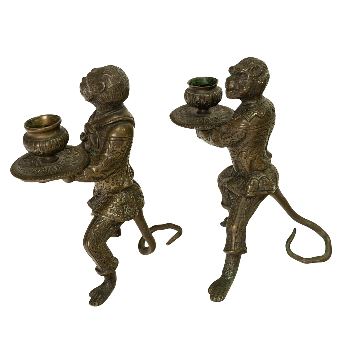 Pair Antique French Bronze Figural Monkey Statue Candleholders Candlesticks 1900