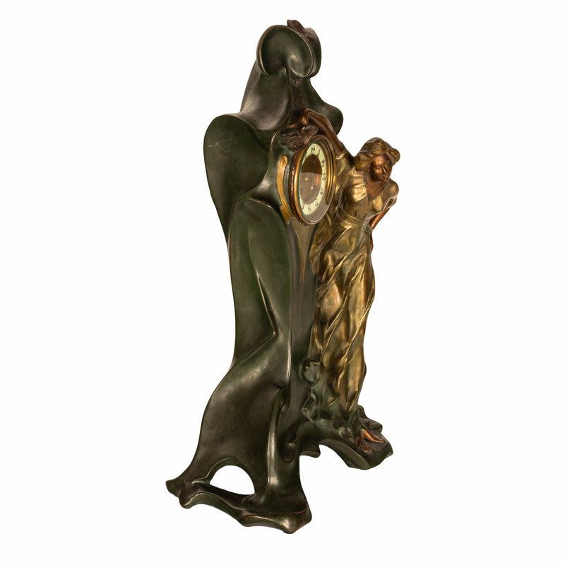 Antique French Art Nouveau Cold-Painted Bronze Figural Statue 8 Day Clock 1900