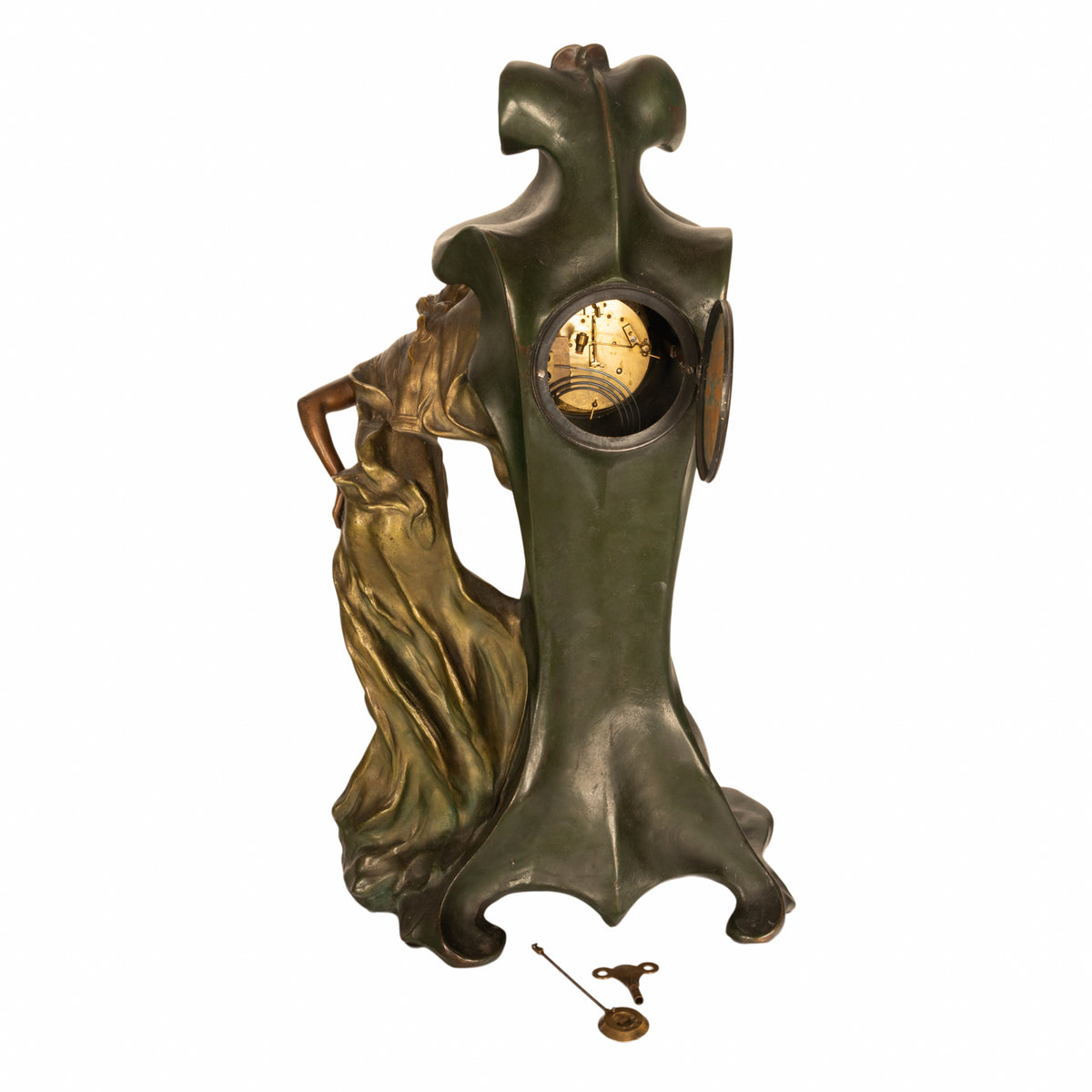 Antique French Art Nouveau Cold-Painted Bronze Figural Statue 8 Day Clock 1900