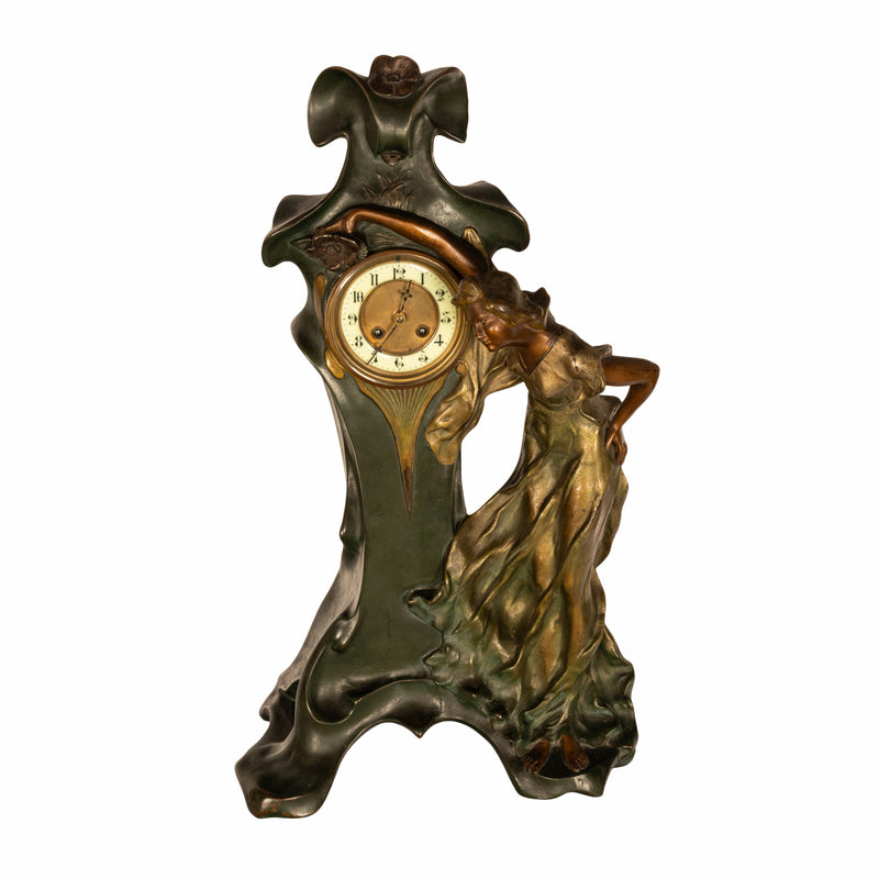 Antique French Art Nouveau Cold-Painted Bronze Figural Statue 8 Day Clock 1900