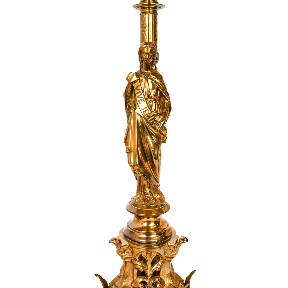 Large Antique French Gilt Bronze Gothic Church Altar Jesus Statue Griffins Candlestick 1890