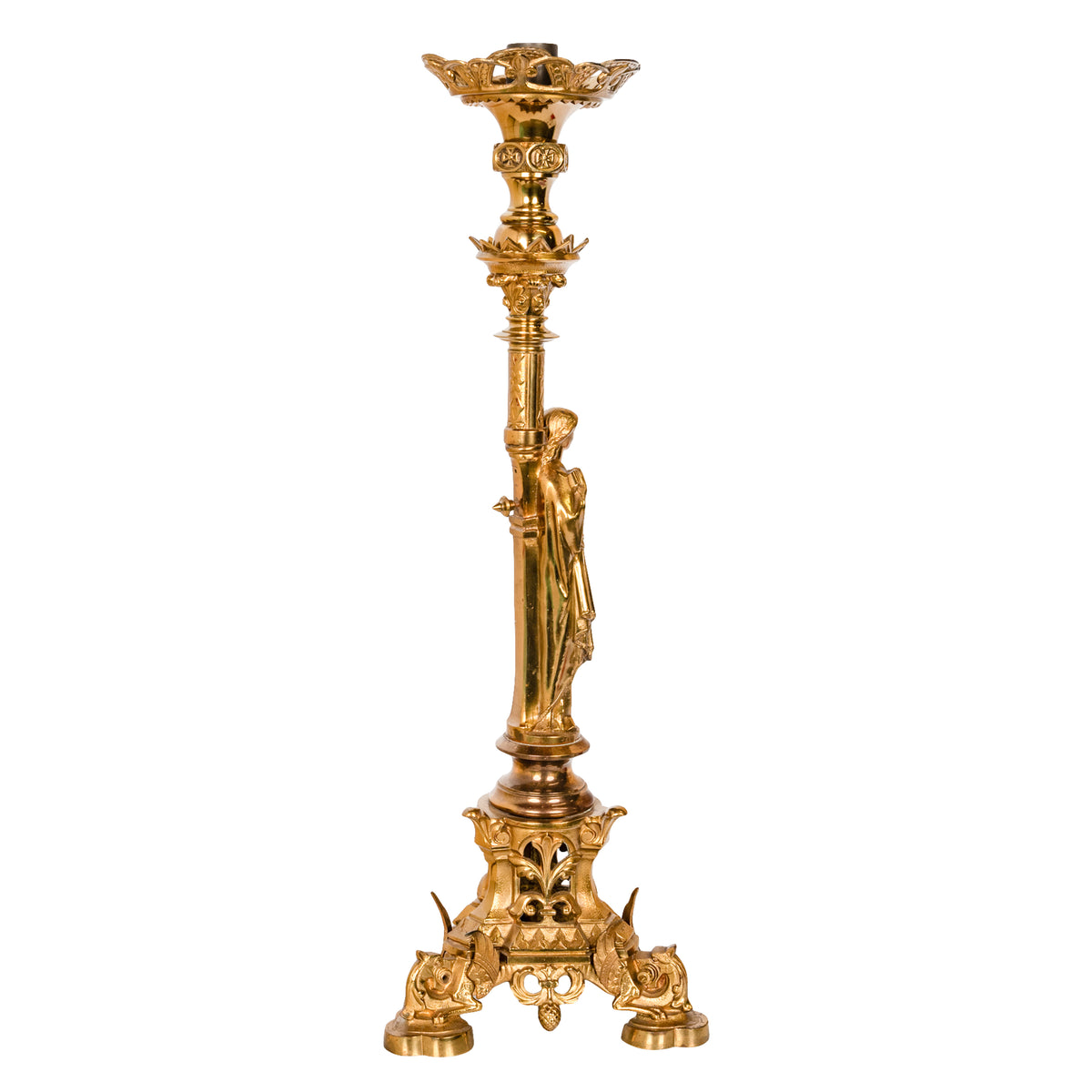 Large Antique French Gilt Bronze Gothic Church Altar Jesus Statue Griffins Candlestick 1890