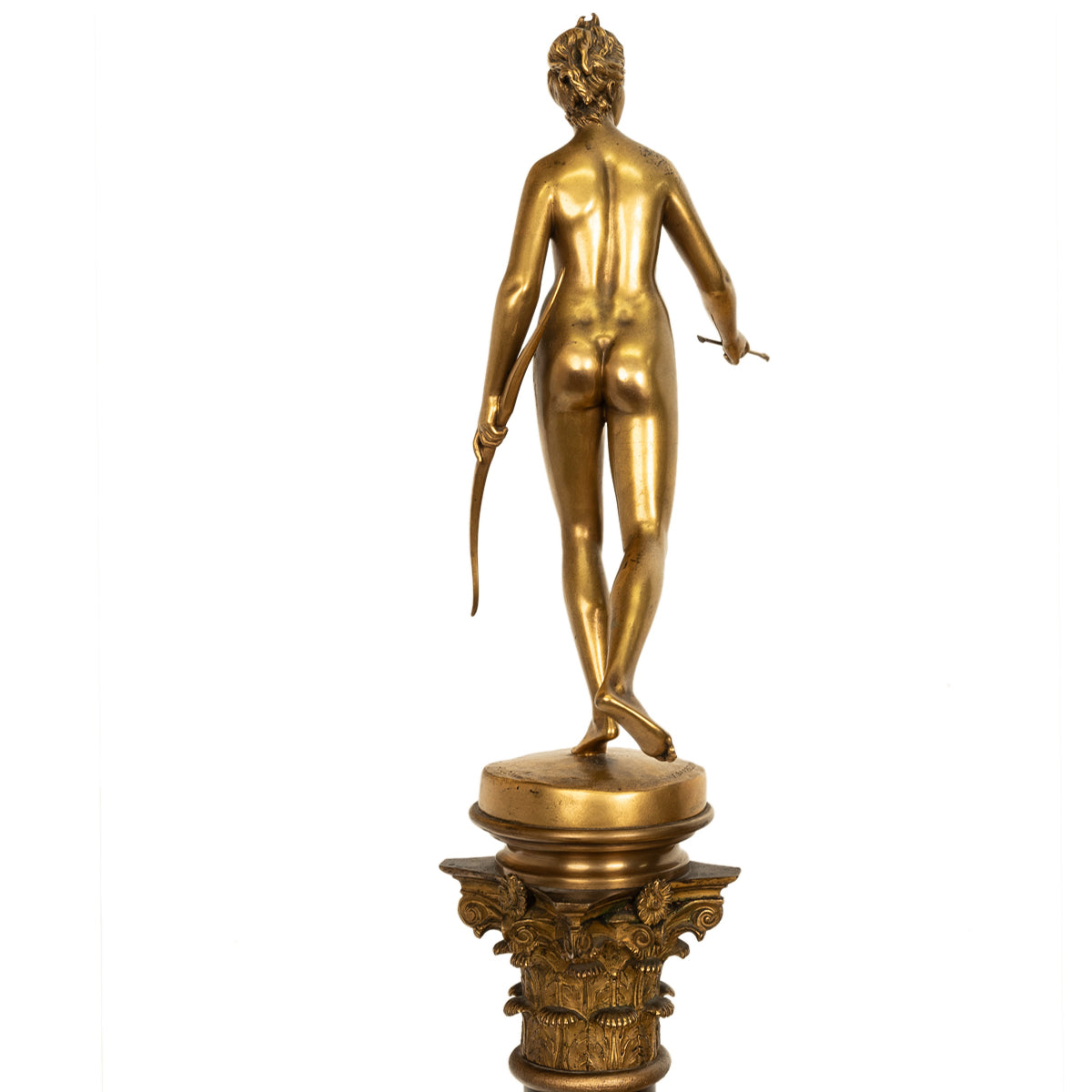 Antique 34" tall French Grand Tour Gilt Bronze Statue on Column Diana the Huntress F. Barbedienne 1838