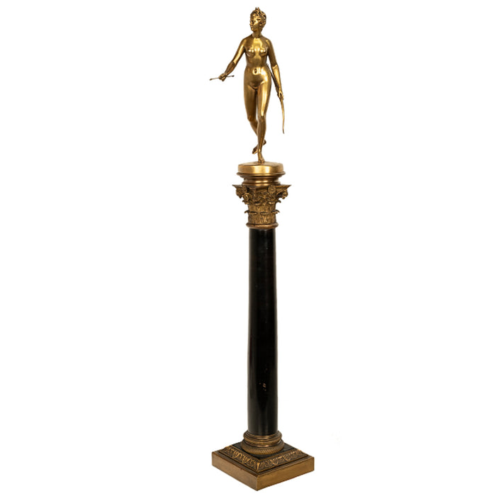Antique 34" tall French Grand Tour Gilt Bronze Statue on Column Diana the Huntress F. Barbedienne 1838