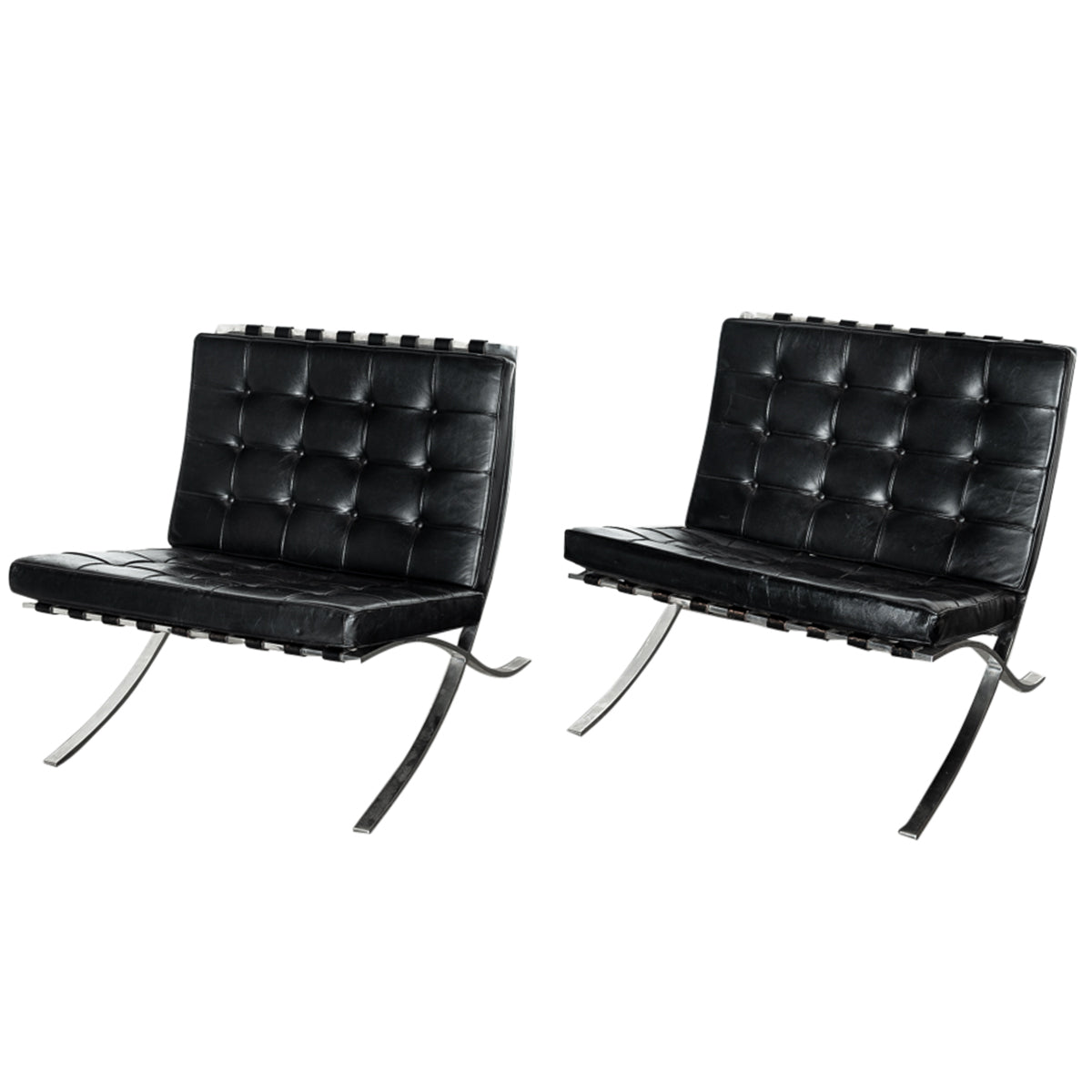 Early Pair MCM Knoll Barcelona Chairs Black Leather Mies van der Rohe 1961
