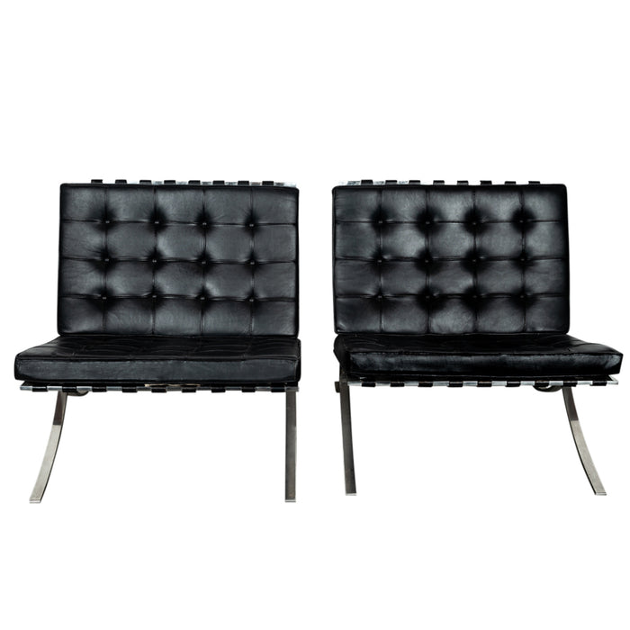 Early Pair MCM Knoll Barcelona Chairs Black Leather Mies van der Rohe 1961