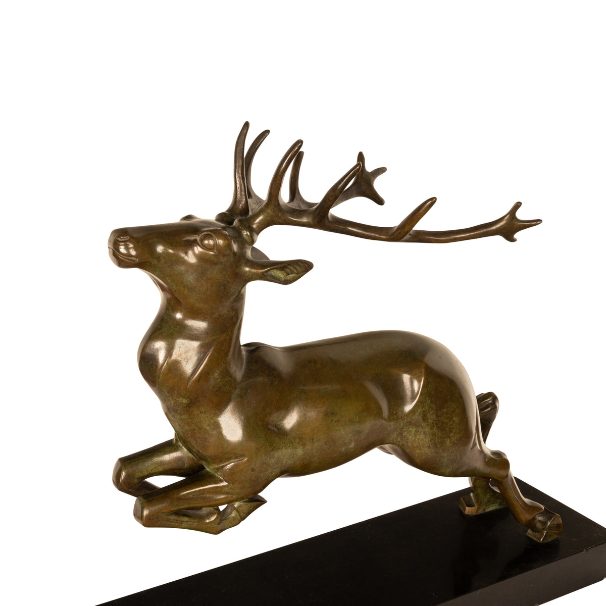 Antique French Art deco Leaping Stag Bronze Statue Sculpture Bronze marble by Georges H. Laurent 1925