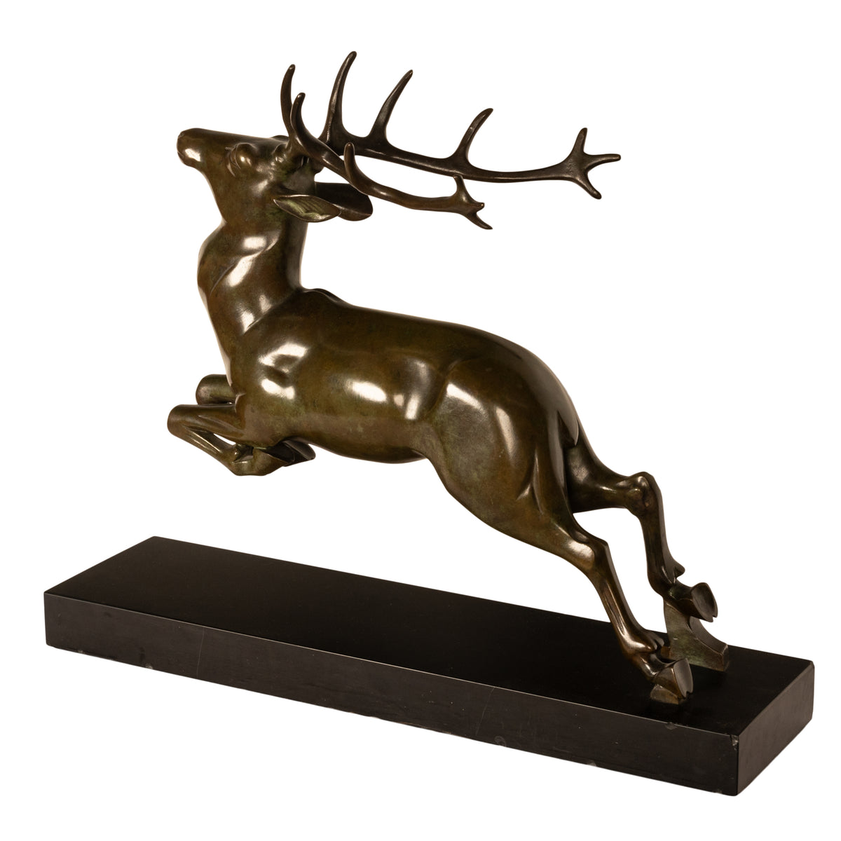 Antique French Art deco Leaping Stag Bronze Statue Sculpture Bronze marble by Georges H. Laurent 1925