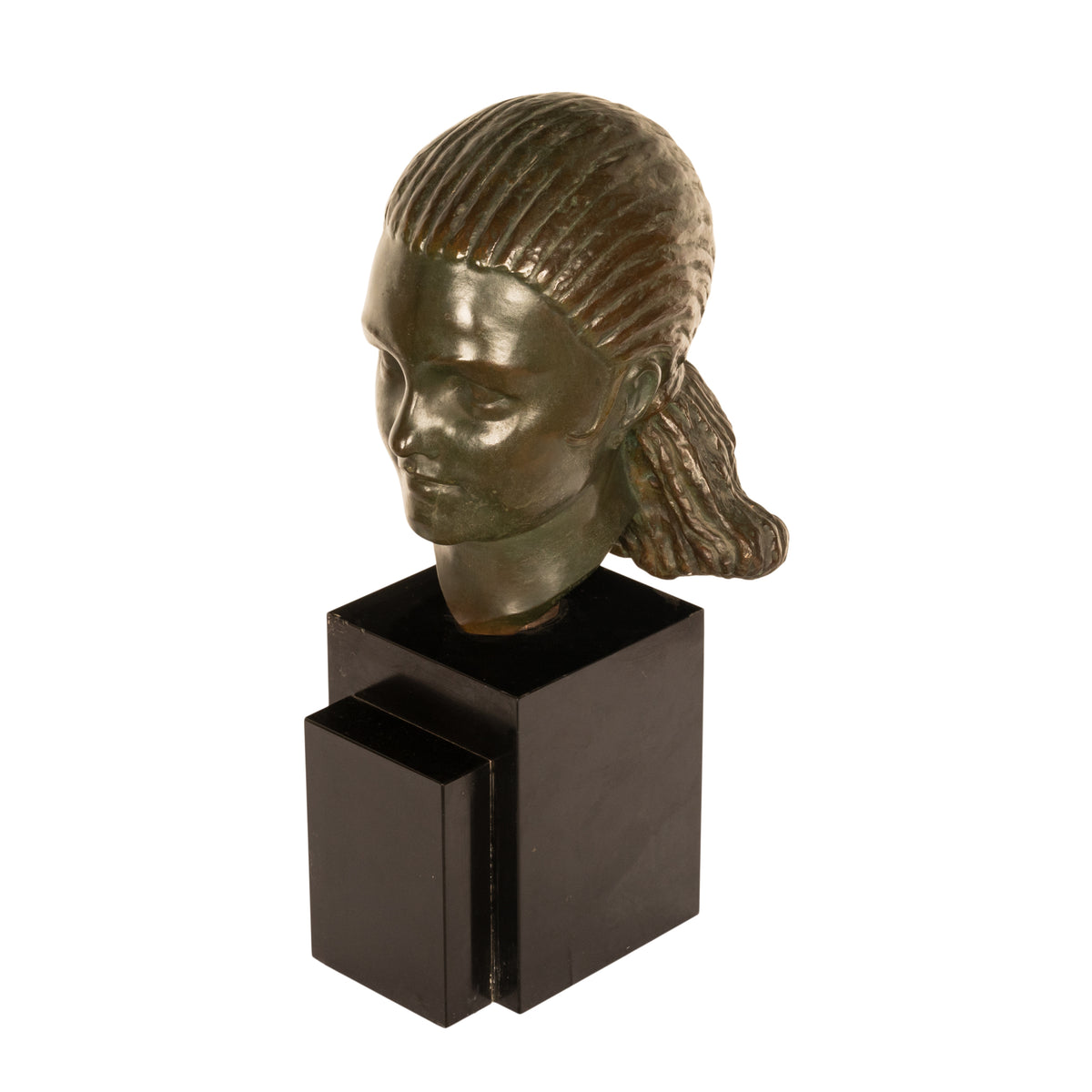 Antique French Art Deco Bronze Bust Sculpture Head of Beautiful Young Girl Marcel Andre Bouraine & Etling Paris 1920