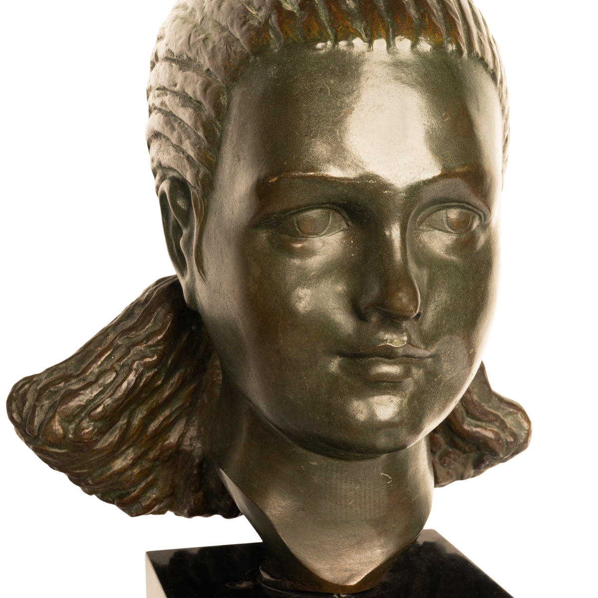 Antique French Art Deco Bronze Bust Sculpture Head of Beautiful Young Girl Marcel Andre Bouraine & Etling Paris 1920