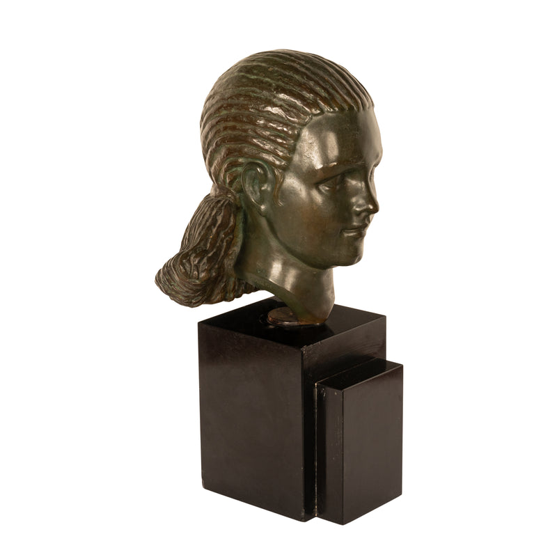 Antique French Art Deco Bronze Bust Sculpture Head of Beautiful Young Girl Marcel Andre Bouraine & Etling Paris 1920