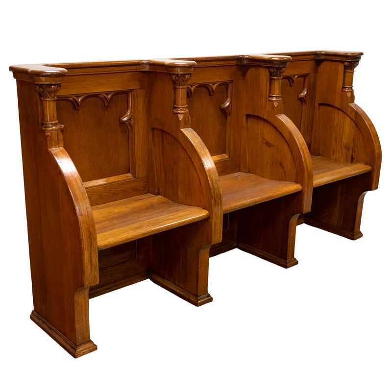 Antique Gothic Revival Pugin Carved Oak Church 3 Seat Pew Bench Choir Stall 1850