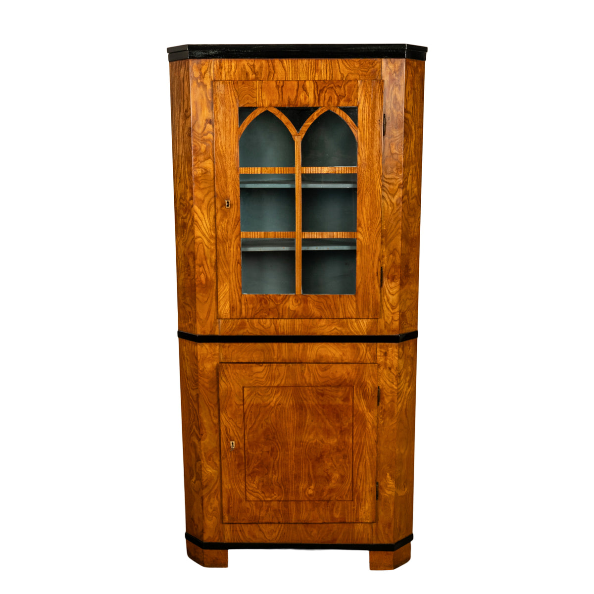 Antique Austrian Figured Ash & Ebony Biedermeier Standing Corner Cabinet 1830