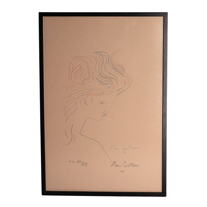 Surrealist Tete en Profil Lithograph in Color Young Womans Head Hors de Commerce by Jean Cocteau 1950