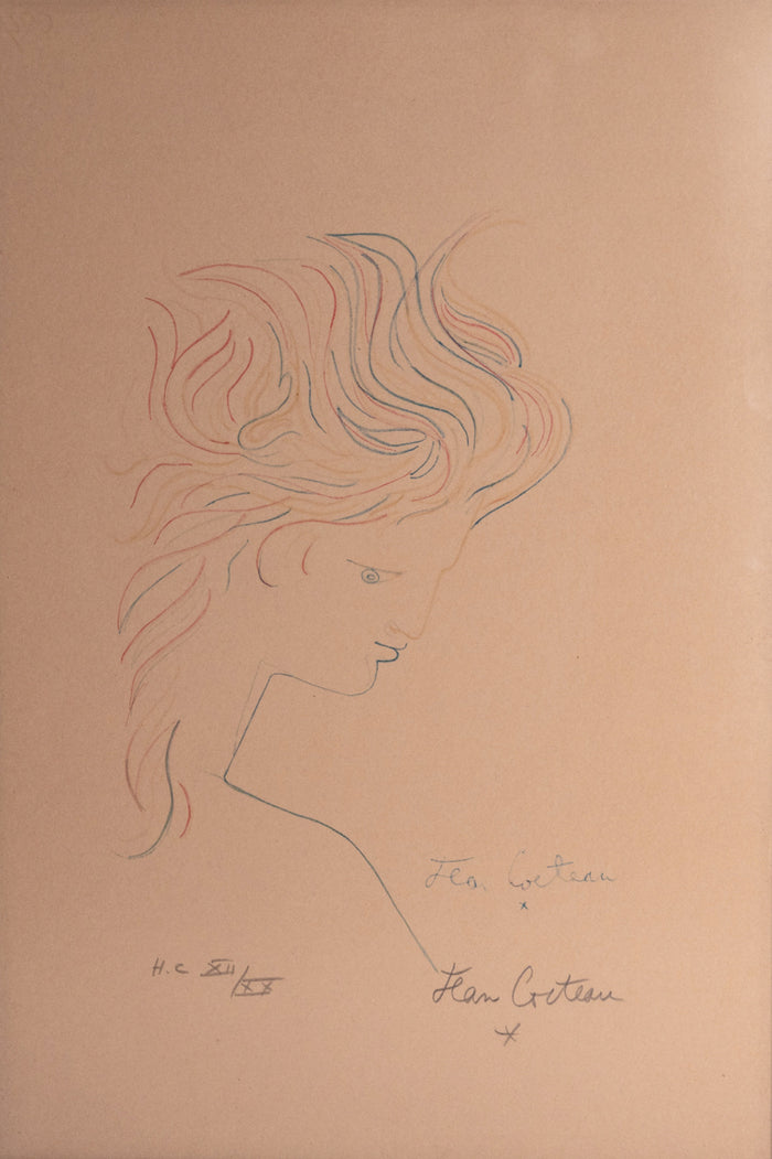 Surrealist Tete en Profil Lithograph in Color Young Womans Head Hors de Commerce by Jean Cocteau 1950