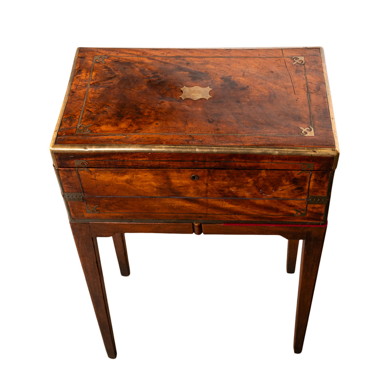 Antique English Walnut Brass Military Campaign Gateleg Writing Desk Box 1850