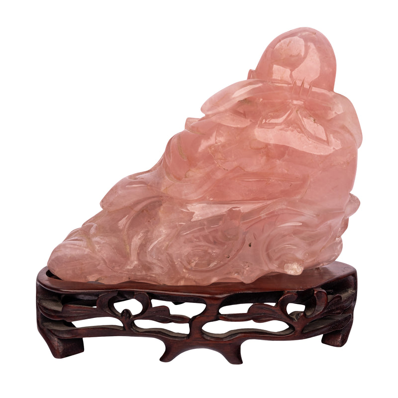 Antique Chinese Qing Dynasty Carved Rose Quartz Hotei Buddha Statue & Stand 1910