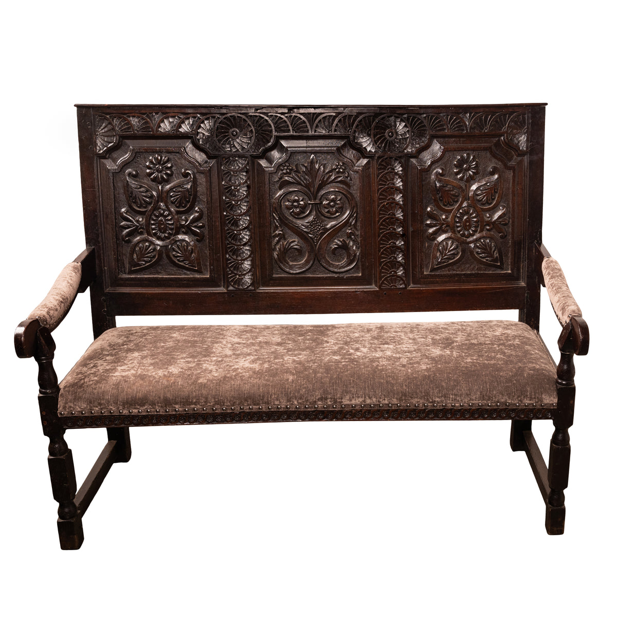 Antique English 17th Century King Charles II Restoration Period Carved Oak Settle Sofa Bench 1680