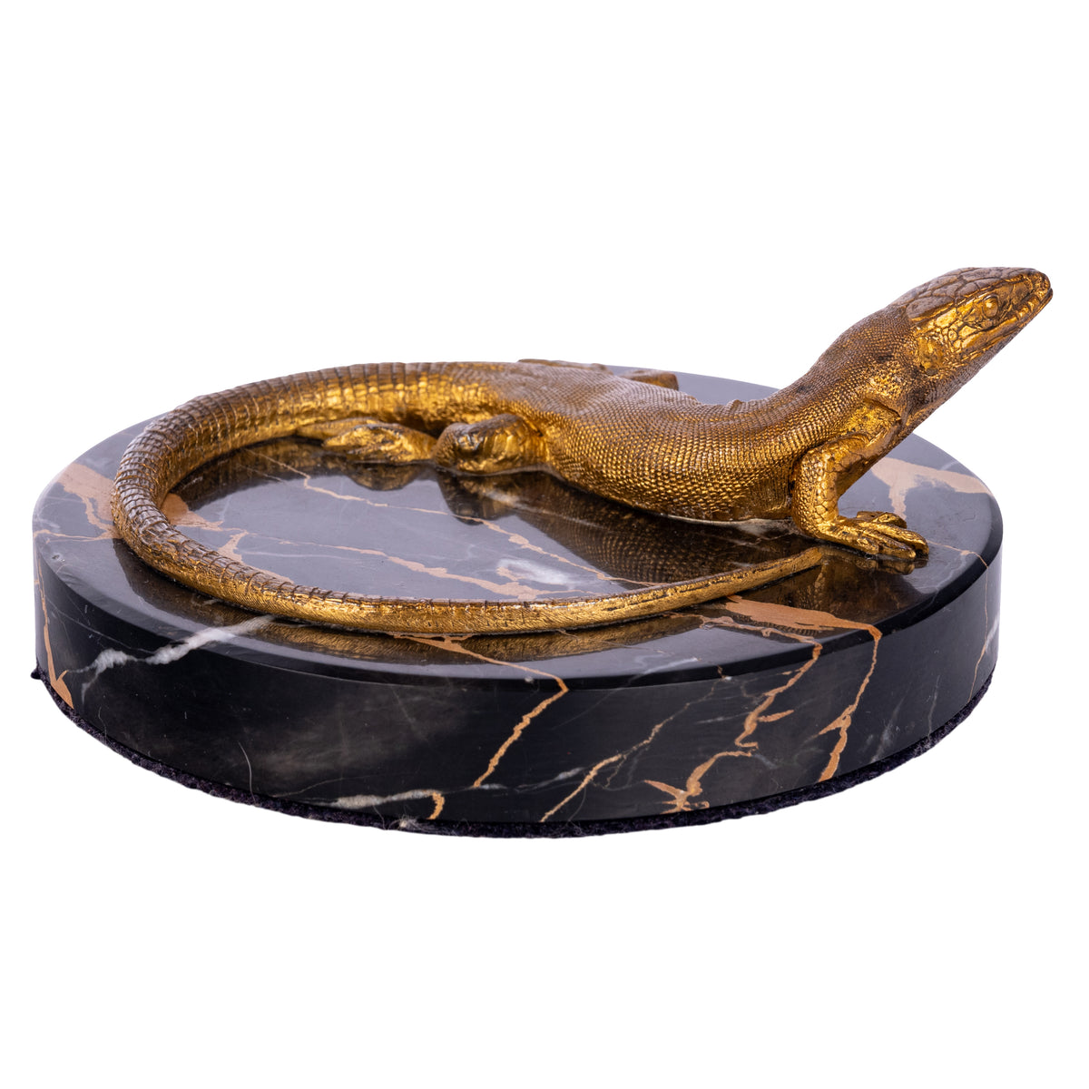 Antique Art Deco Gilt Bronze Portoro Marble Lizard Animalier Statue Paperweight