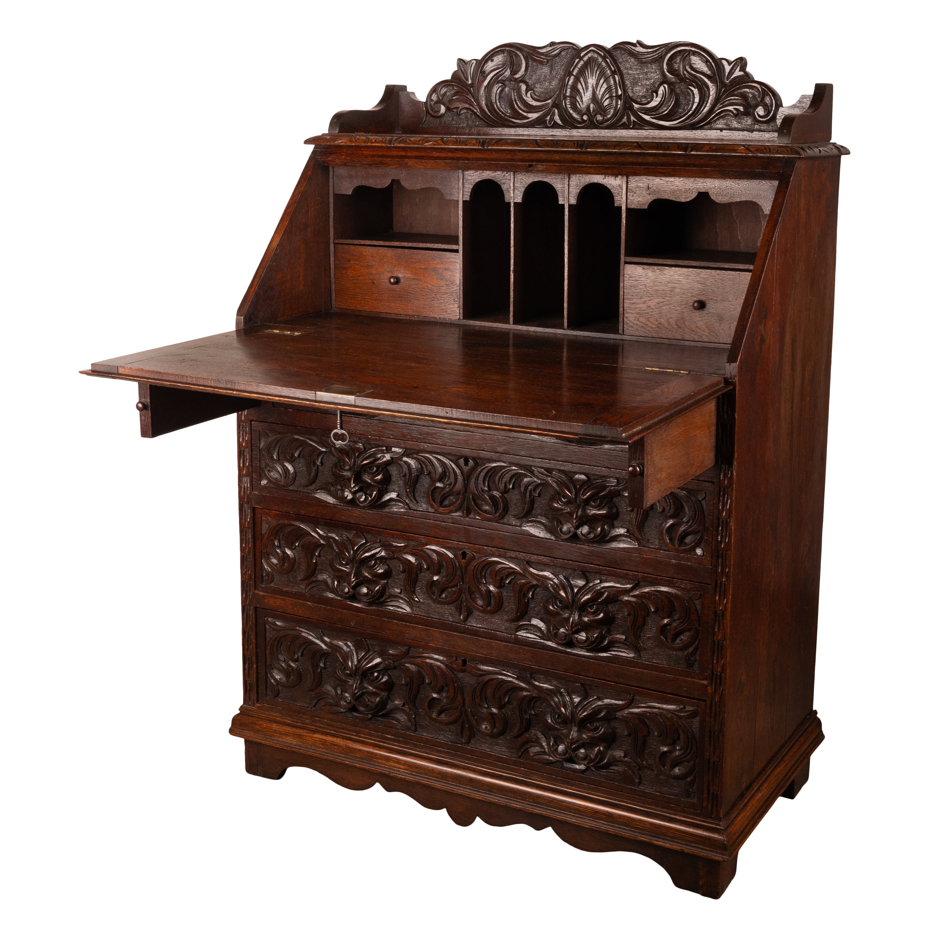 Antique Carved Oak Scottish Arts & Crafts Green Man Desk Bureau