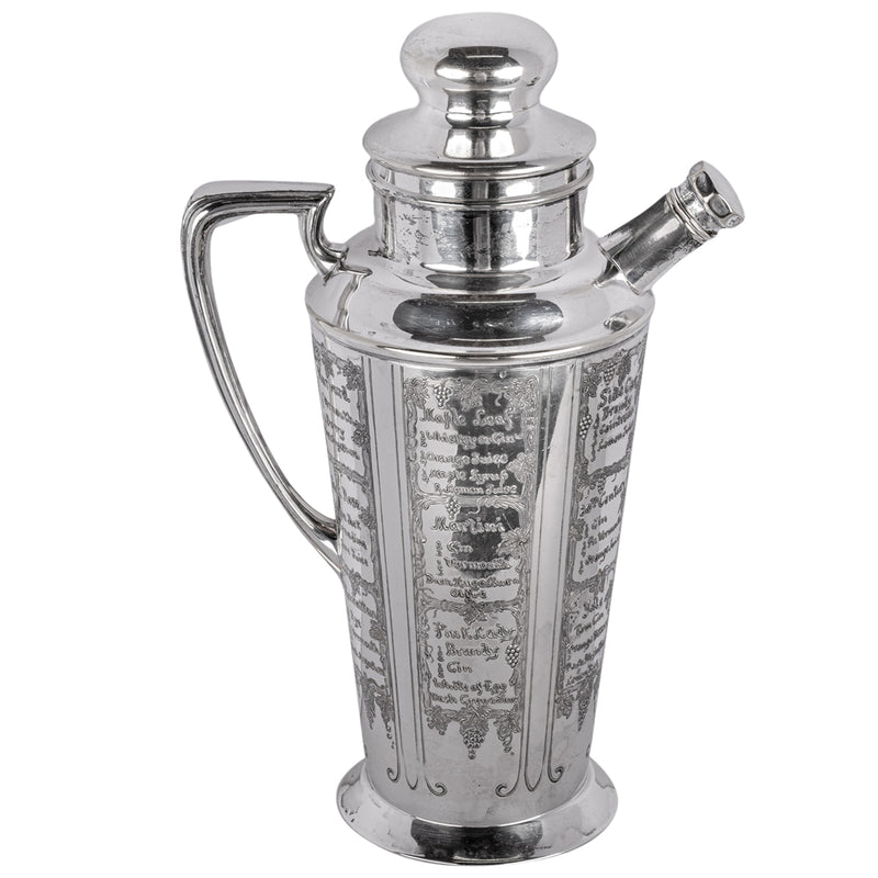 Antique Art Deco Silver Plated Engraved Cocktail Recipe Shaker What'll Yer Have
