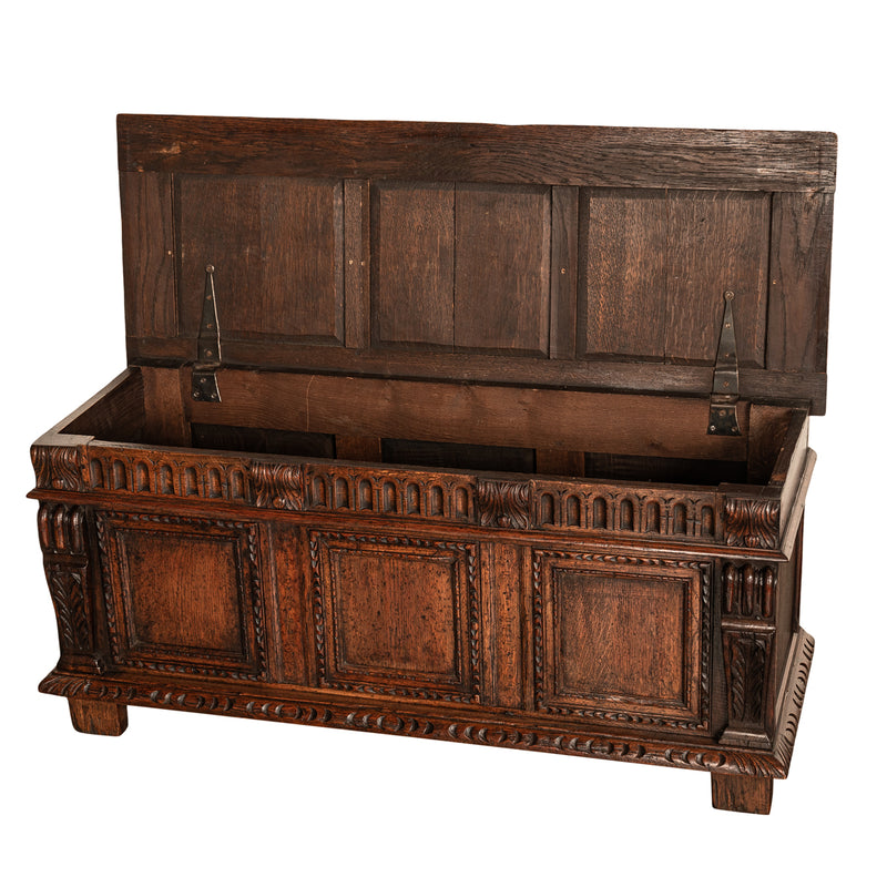 Antique Renaissance Revival Carved Oak Coffer Chest Trunk Window Bench Seat 1880