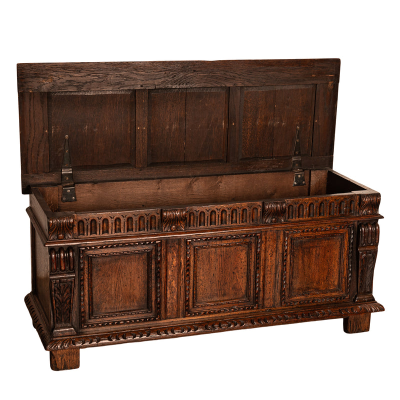 Antique Renaissance Revival Carved Oak Coffer Chest Trunk Window Bench Seat 1880