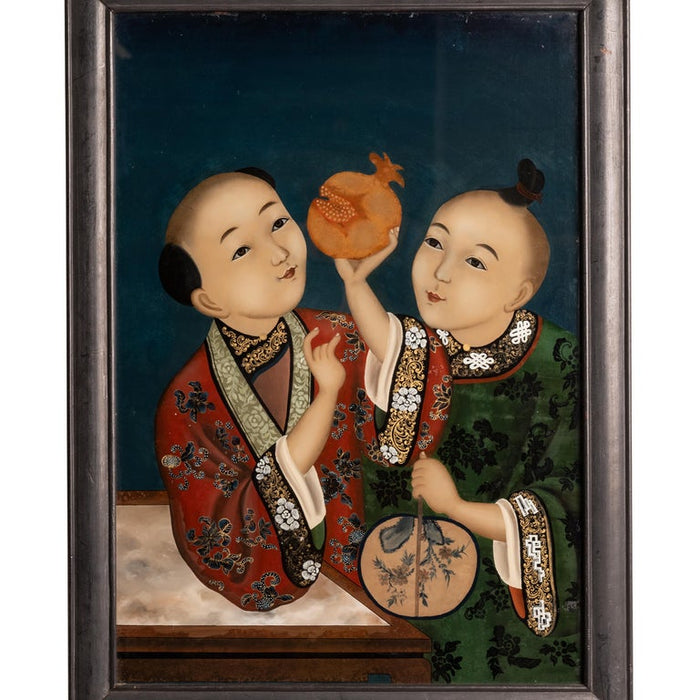 Antique Chinese Export Qing Dynasty Reverse Painting on Glass of Children 1860