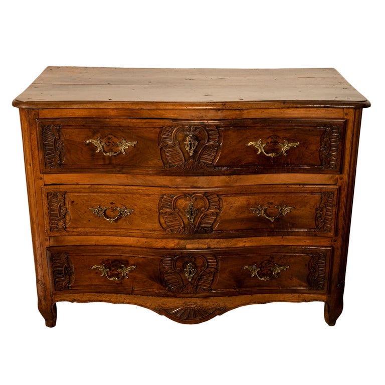 Antique French Regence Carved Walnut Provincial 3 Drawer Commode Chest Lyon 1730