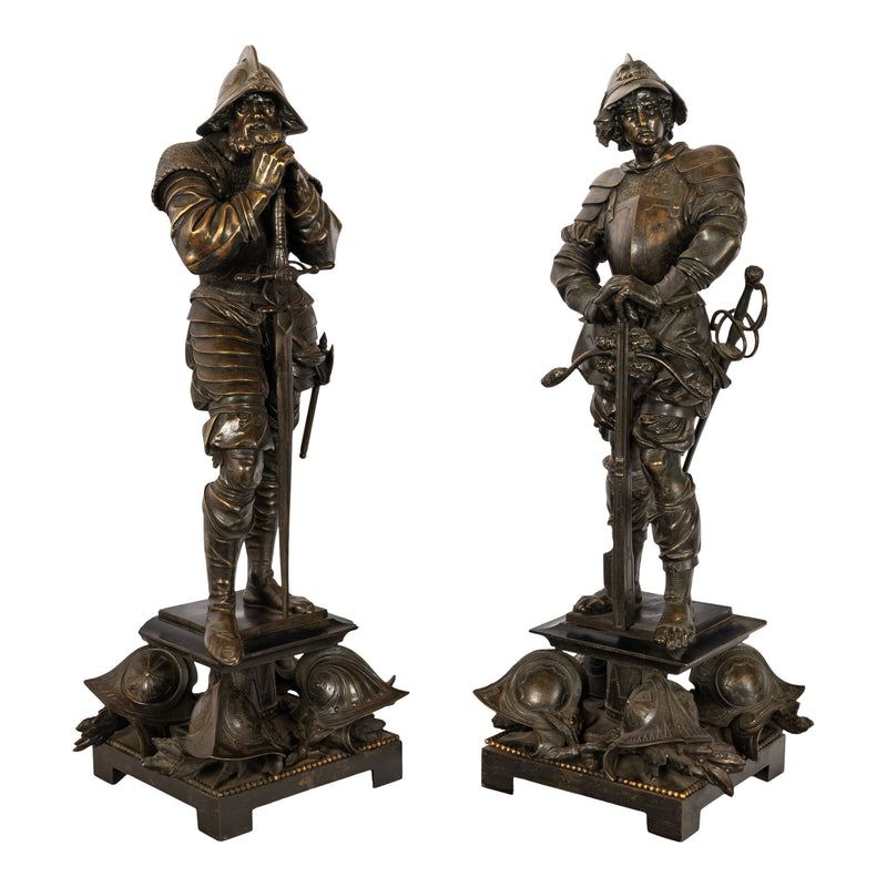 Antique Pair of French Neo-Renaissance Bronze Soldier Statues Sculptures by Jean-Francois-Theodore Gechter 1840