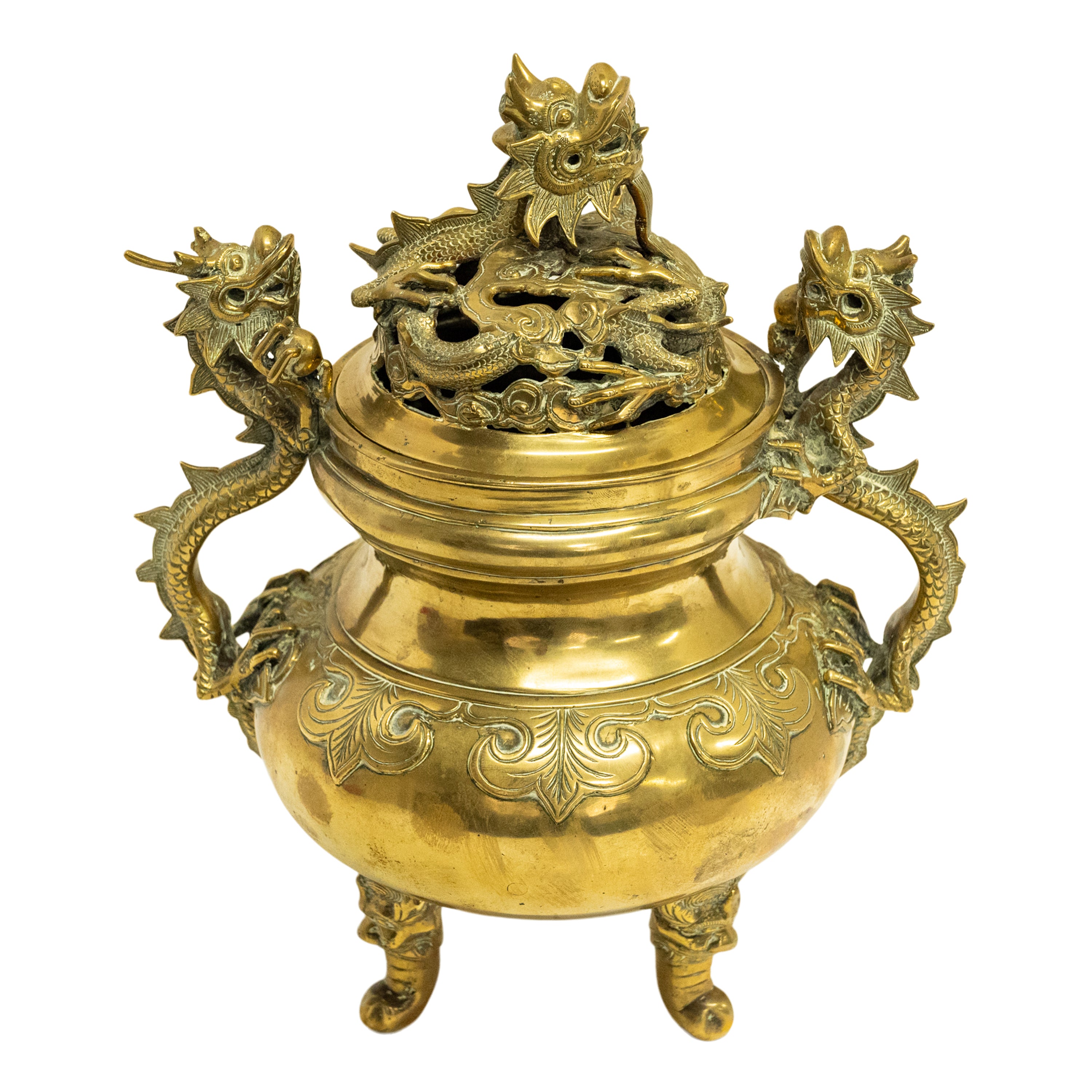 Chinese Antique Gilt Bronze Double outlet Dragon Playing Pearl Incense Burner