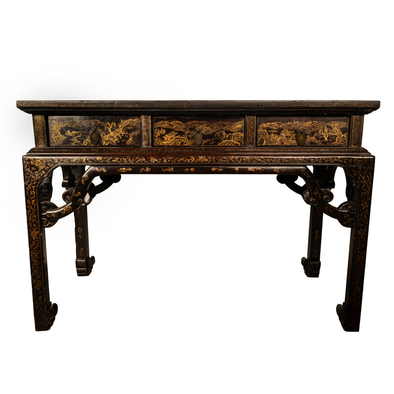 Antique Chinese Qing Dynasty Export Gilt Black Lacquer Table 3 Drawer Desk 1850