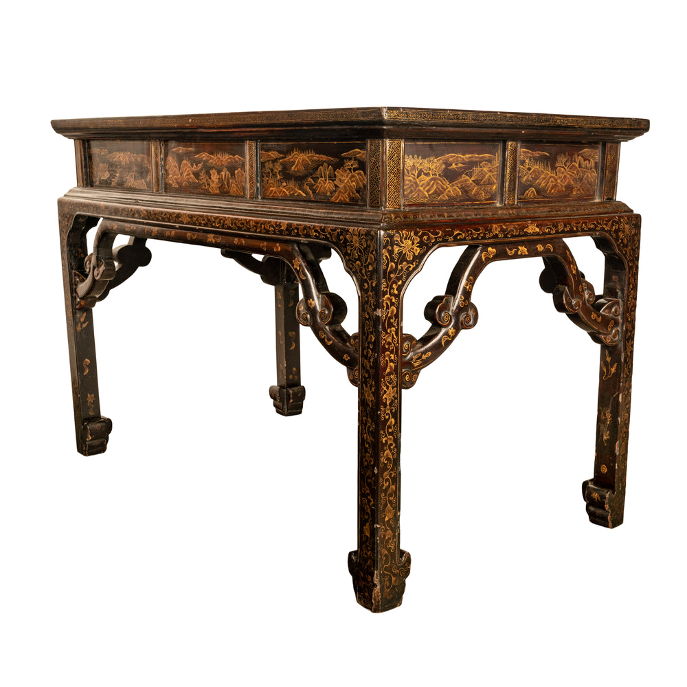 Antique Chinese Qing Dynasty Export Gilt Black Lacquer Table 3 Drawer ...