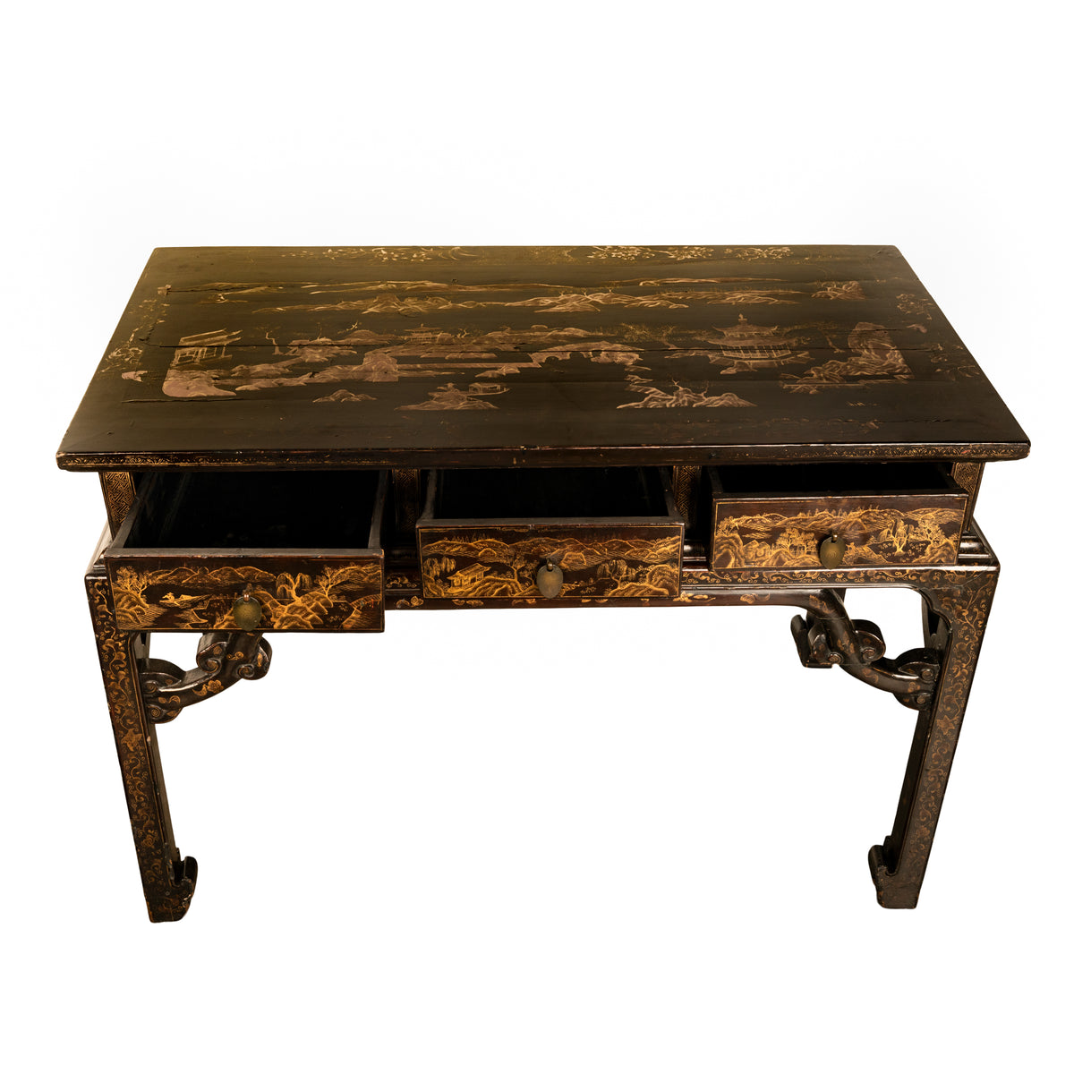 Antique Chinese Qing Dynasty Export Gilt Black Lacquer Table 3 Drawer Desk 1850