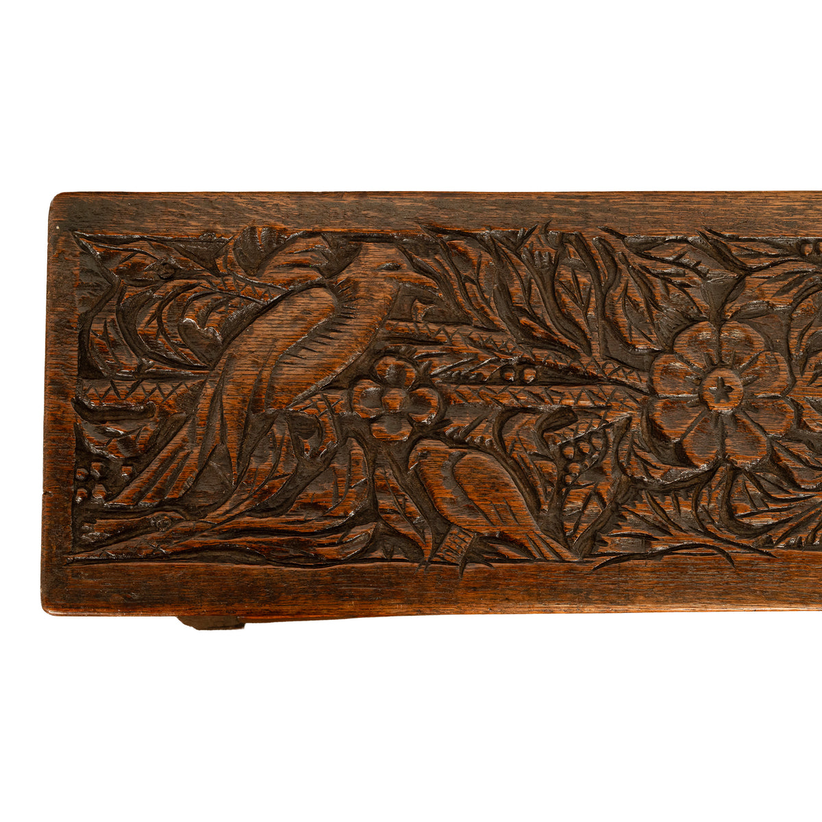 Antique English Carved Oak Arts & Crafts Hall Bench Seat 'Birds in a Tree' 1900