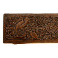 Antique English Carved Oak Arts & Crafts Hall Bench Seat 'Birds in a Tree' 1900