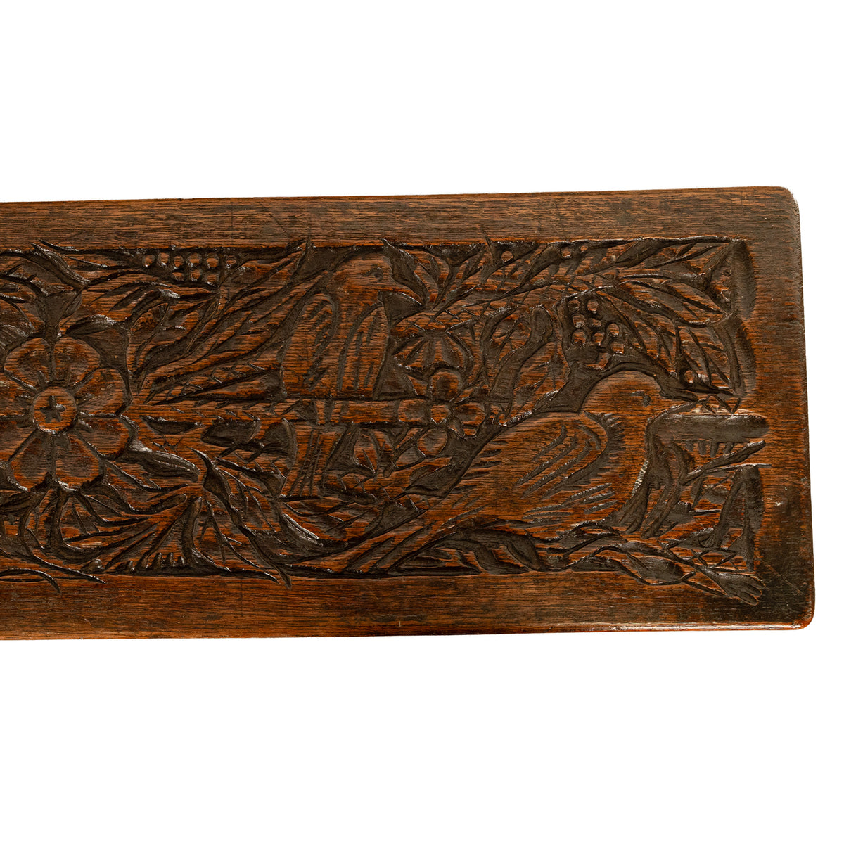 Antique English Carved Oak Arts & Crafts Hall Bench Seat 'Birds in a Tree' 1900