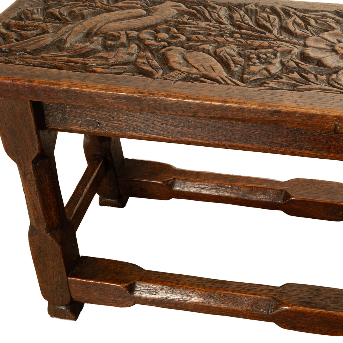 Antique English Carved Oak Arts & Crafts Hall Bench Seat 'Birds in a Tree' 1900