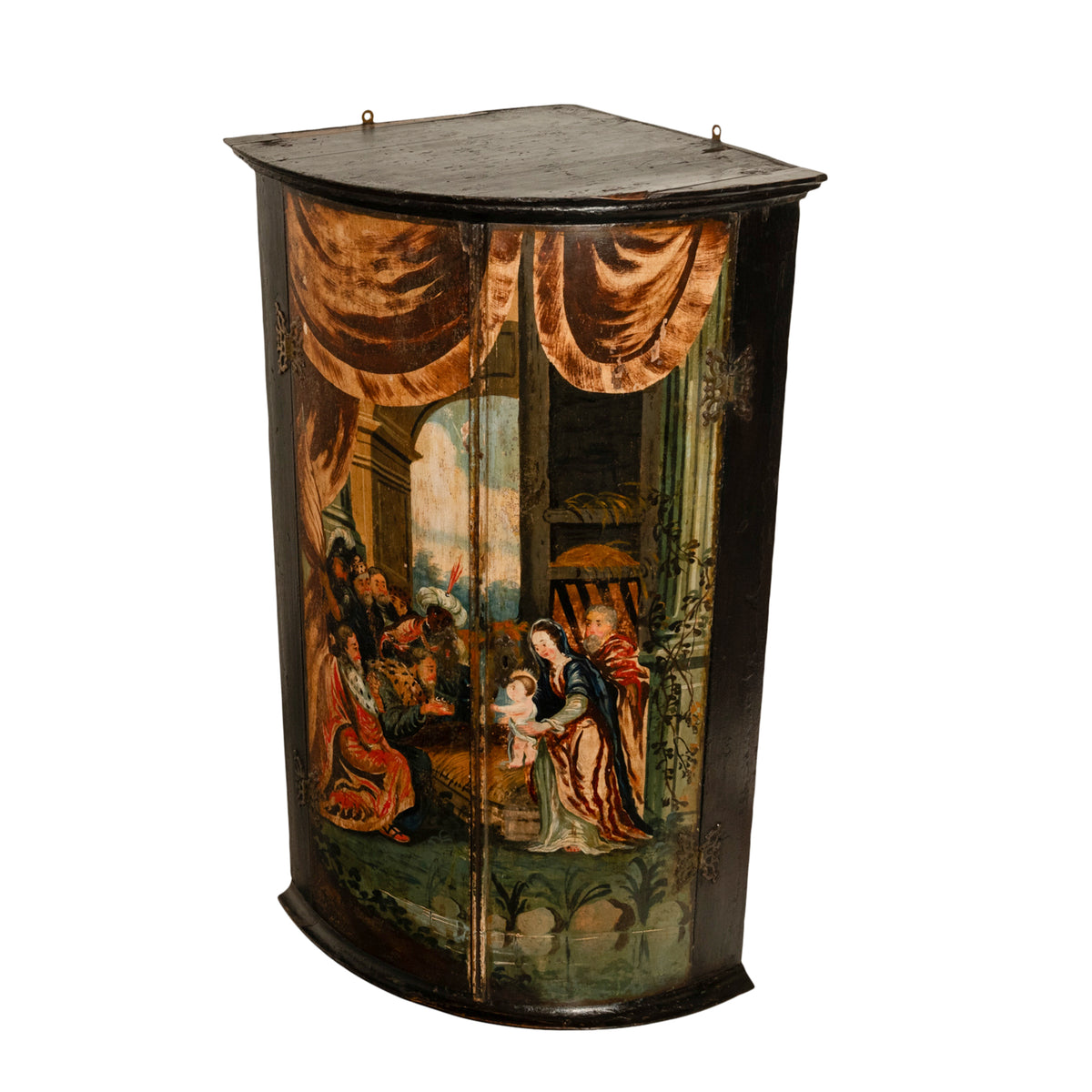 Antique Flemish Painted Polychrome Corner Cabinet Christ Nativity Magi 1760