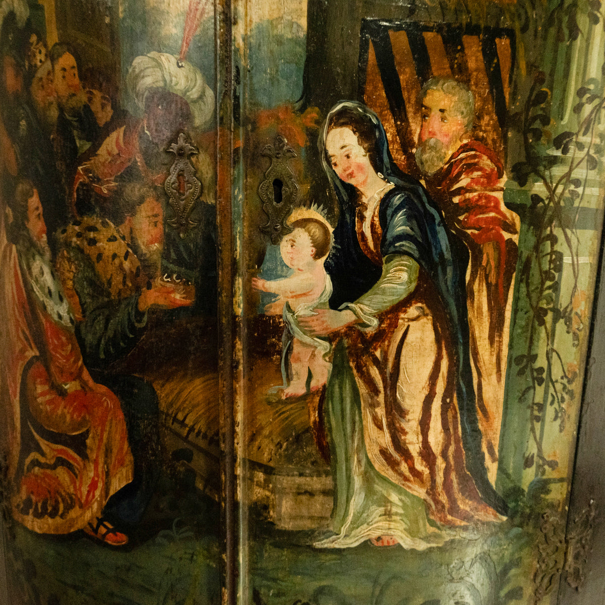 Antique Flemish Painted Polychrome Corner Cabinet Christ Nativity Magi 1760