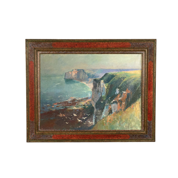 Antique French School Oil Painting on Canvas Cliffs at Etretat Normandy France  by Raimond Louis Lecourt  1910