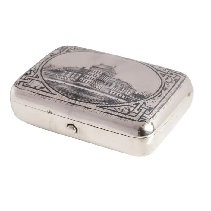 Antique Imperial Russian Engraved 84 Silver Niello Tobacco Case Box Moscow 1886