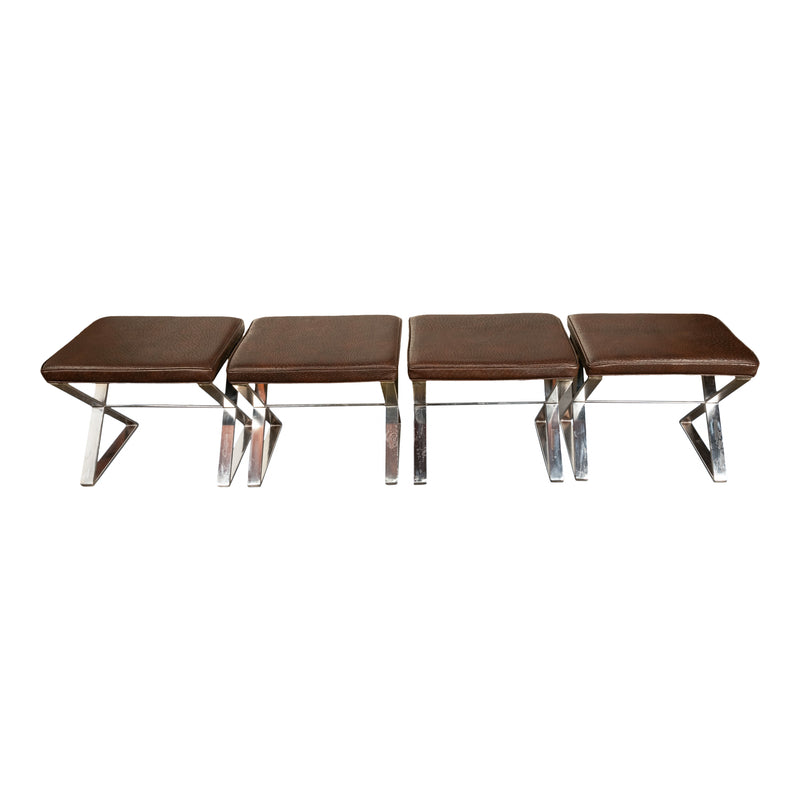 Set of Four Mid Century Modern Milo Baughman for Thayer Coggin Ostrich Leather & Polished Steel Stools 1970