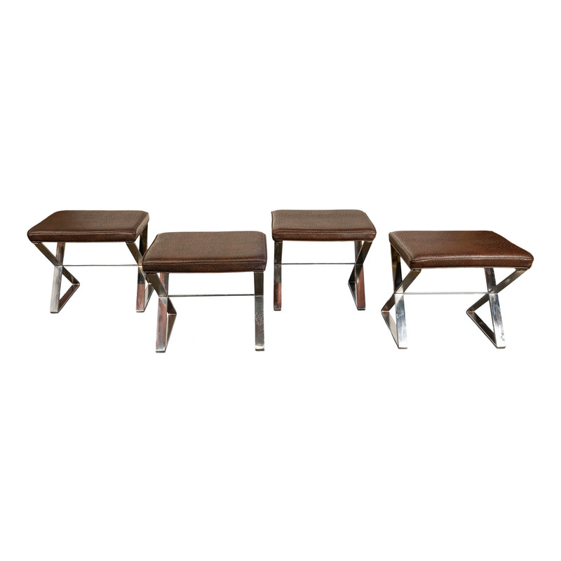 Set of Four Mid Century Modern Milo Baughman for Thayer Coggin Ostrich Leather & Polished Steel Stools 1970