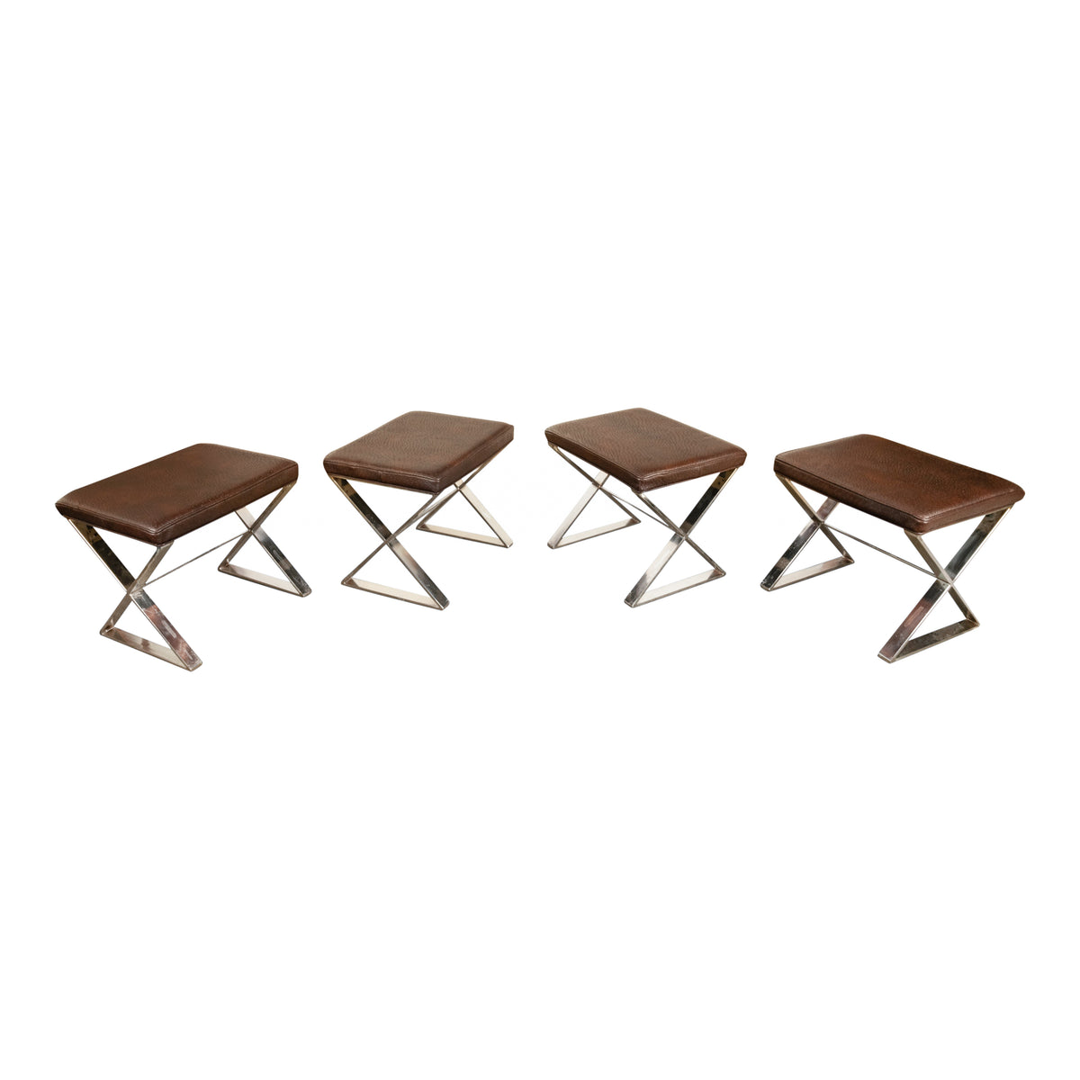 Set of Four Mid Century Modern Milo Baughman for Thayer Coggin Ostrich Leather & Polished Steel Stools 1970