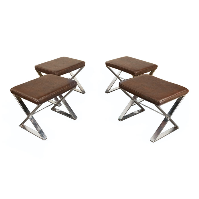 Set of Four Mid Century Modern Milo Baughman for Thayer Coggin Ostrich Leather & Polished Steel Stools 1970